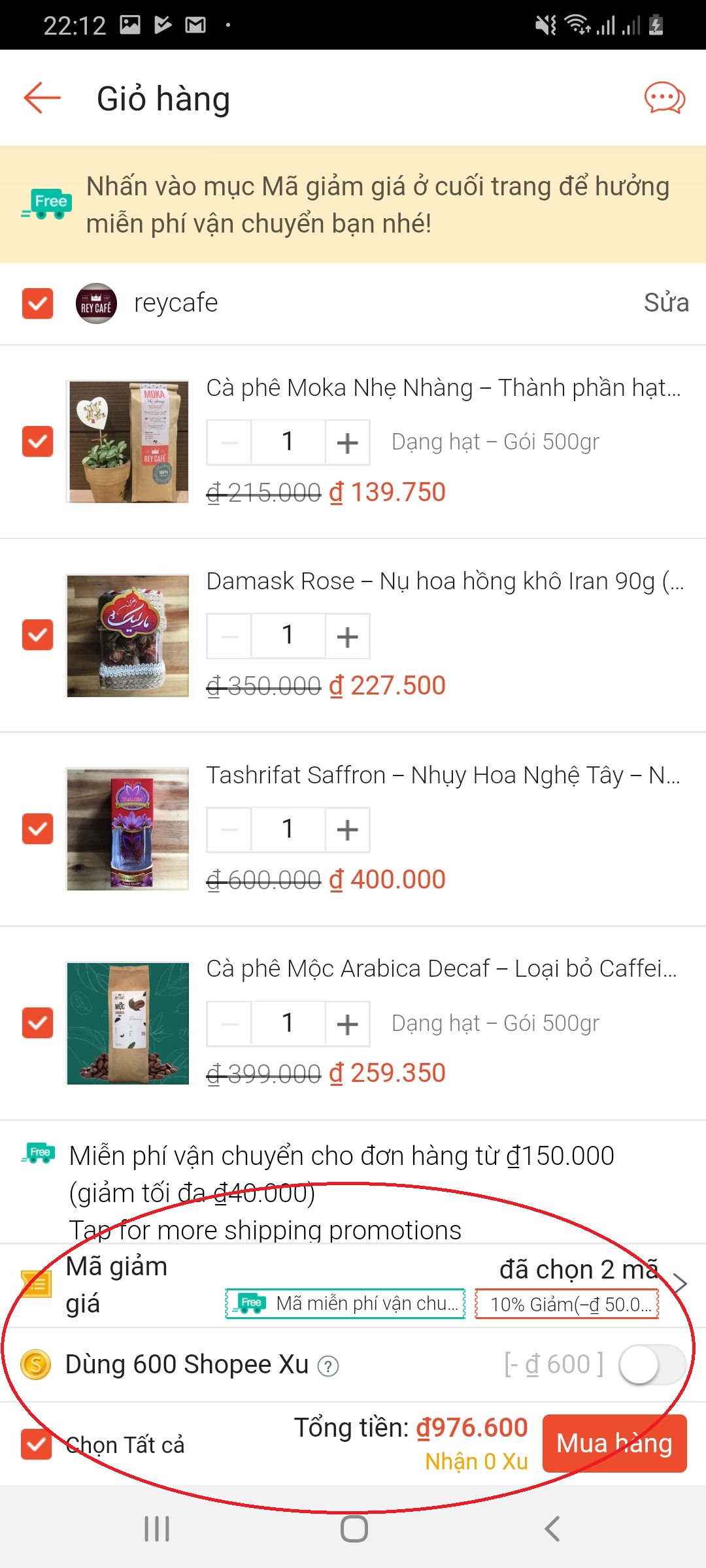 Kiểm tra thông tin giỏ hàng trên shopee