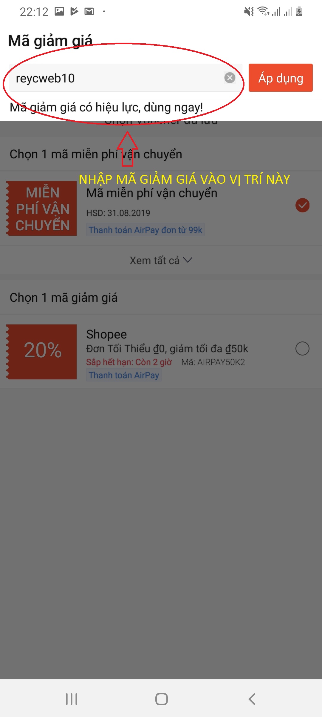 Nhập mã giảm giá trên Shopee